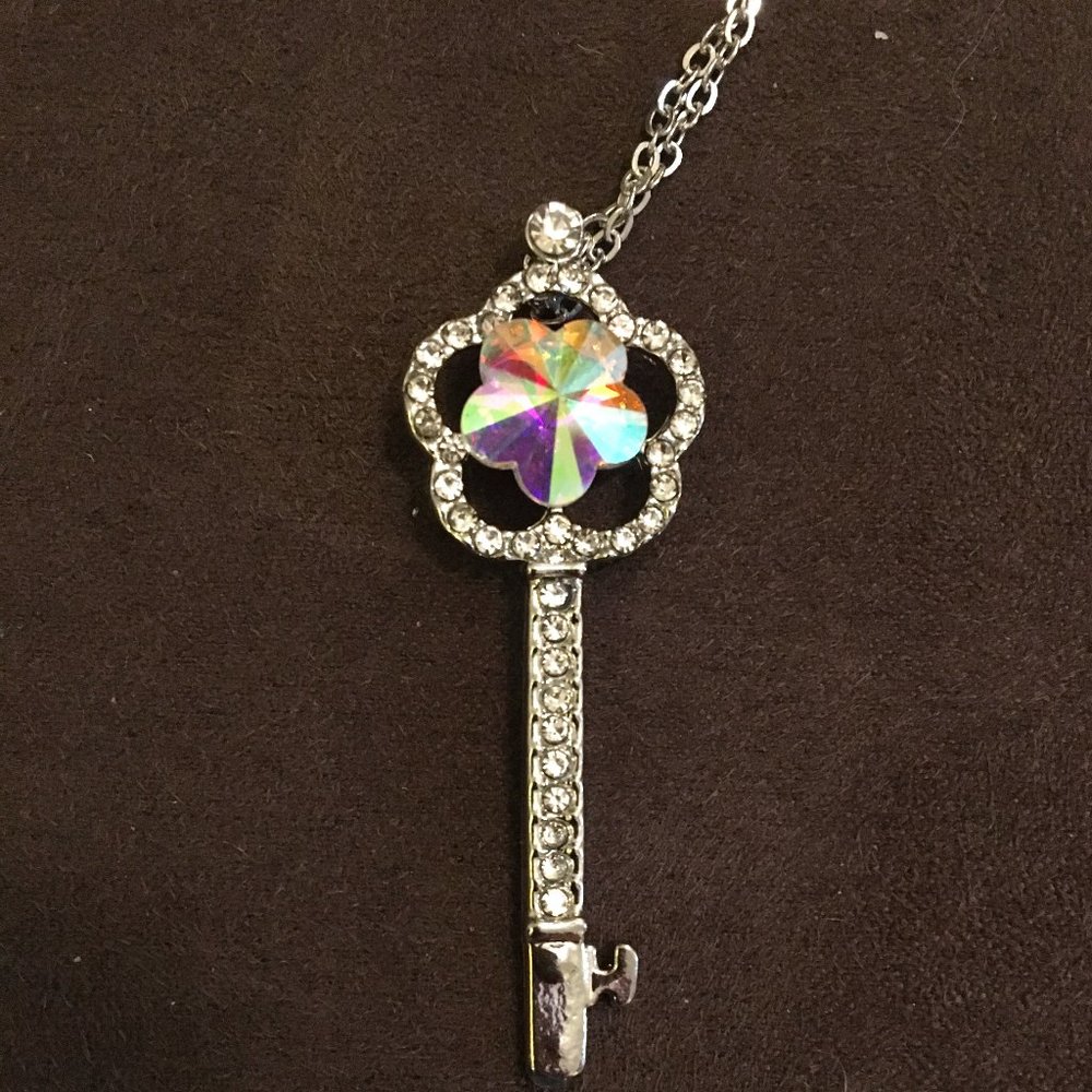 Key Pendant Necklace Vintage Crystals 2 Colors